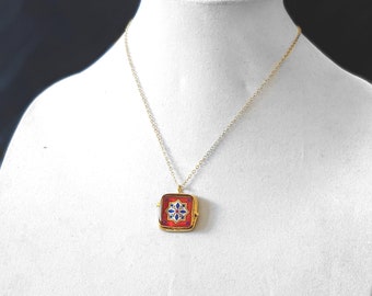 Spanish, Mexican, Catalina Tile, Orange and Blue on Matte Satin Gold Pendant Catalina Pottery Inspired Talavera Necklace Gold Plated Brass