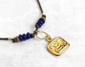 Gold-Plated Brass Mayan Style Pendant on Brown Waxed Cotton Cord, with Glass Bead Accents, Ancient Mexican Style Pendant