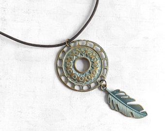 Antiqued Beaded Gold-Plated Brass Vertigris, Patina, Circle Cut Out Pendant with Feather, Tribal Statement Ethnic Necklace