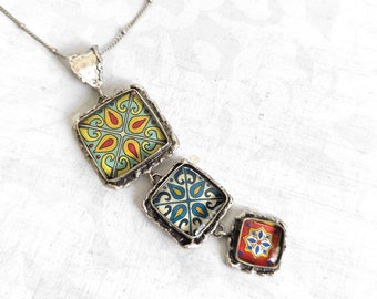 Three Satin Antique Silver Catalina Tile Statement Necklace, Mexican Tile, Spanish Tile on Satellite Chain, Talavera Brass Catalina Pottery