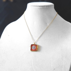 Spanish, Mexican, Catalina Tile, Orange and Blue on Matte Satin Gold Pendant Catalina Pottery Inspired Talavera Necklace Gold Plated Brass