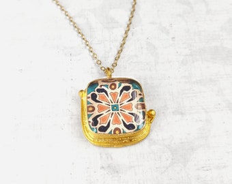 Spanish, Mexican, Catalina Tile, Pink and Turquoise on Satin Gold Pendant Catalina Pottery Inspired Talavera Tile Necklace Gold Plated Brass