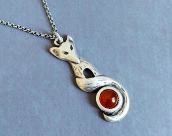 Catalina Island Fox Antique Silver Plated Brass Necklace Featuring an Orange Carnelian Gemstone Cabachon, Silver Fox Necklace