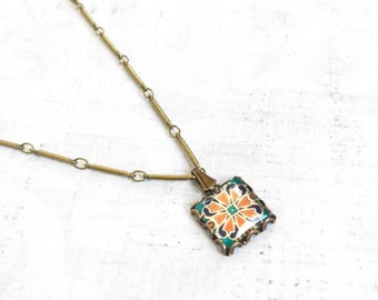 TINY Spanish, Mexican, Catalina Tile, Turquoise & Pink Small Dainty Tile Necklace on Antiqued Gold Plated Brass Chain Catalina Pottery