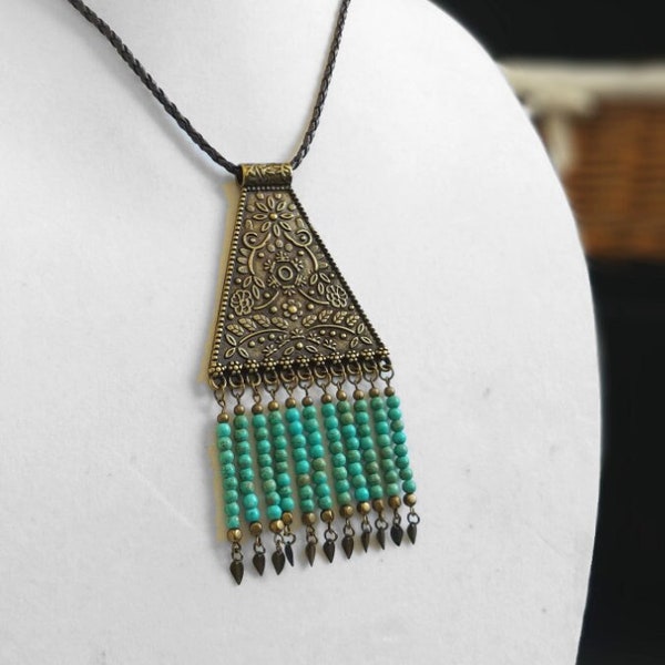 Turquoise Beaded Tribal Bib, Antiqued Gold Plated Brass, Statement Necklace with Braided Cord, Turquoise and Bronze Bib Necklace