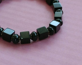 Onyx Cubes and Black Agate Gemstone Stretch Bracelet With Gold-Plated Brass Accents