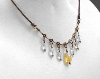 Gemstone Statement Necklace Pale Yellow Faceted Citrine Gemstones on Gold-Plated Brass Chain and Brown Waxed Cotton Cord