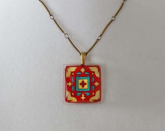 Spanish, Mexican, Catalina Tile, Faceted Glass Brick Red and Yellow Tile Necklace on Antiqued Gold Plated Brass Chain Catalina Pottery