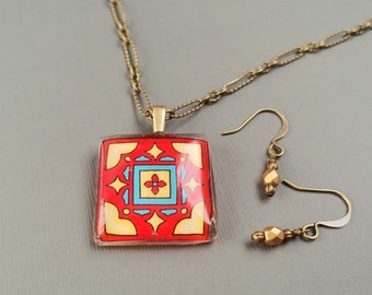 Catalina Tile Gift Set, Spanish, Mexican, Catalina Tile, Brick Red and Yellow Tile Necklace on Gold Plated Brass Chain With Simple Earrings