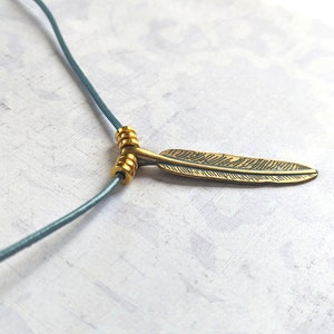 Gold Feather Necklace with Green Patina and Turquoise Leather Cord, Boho Feather Necklace image 2