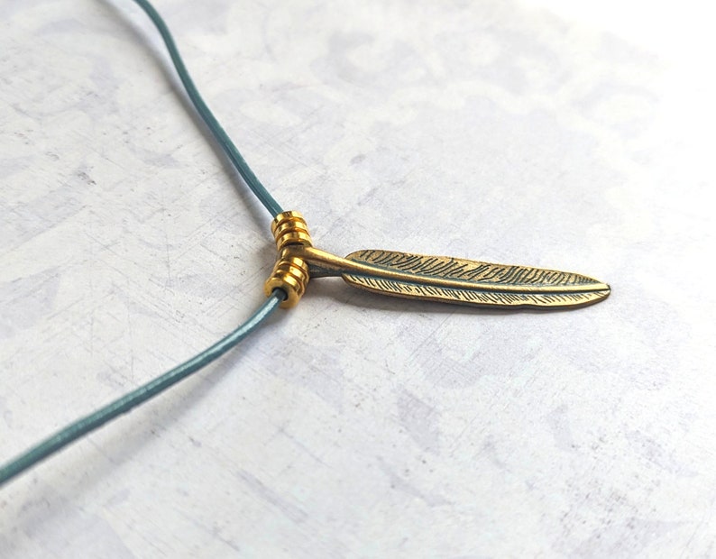 Gold Feather Necklace with Green Patina and Turquoise Leather Cord, Boho Feather Necklace image 2