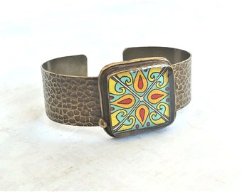 Catalina Tile on Antique Gold Plated Brass Cuff Bracelet Adjustable Red & Turquoise Mexican Tile, Spanish Tile Bracelet