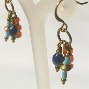 Orange Gemstone Earrings Blue Orange Boho Earrings Orange Carnelian & Cobalt Blue and Turquoise Glass Boho Chic image 2