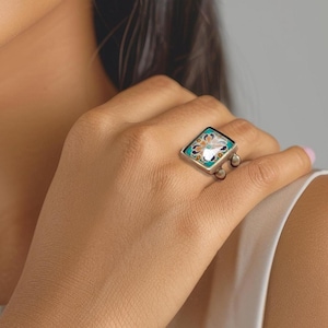 Catalina Tile Adjustable Ring on Antique Silver Plated Brass,  Catalina Pottery Turquoise and Pink, Mexican Tile, Spanish Tile Ring