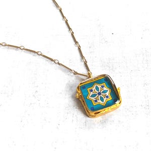 Spanish, Mexican, Catalina Tile, Red, Turquoise & Yellow on Satin Gold Pendant Catalina Pottery Design 1