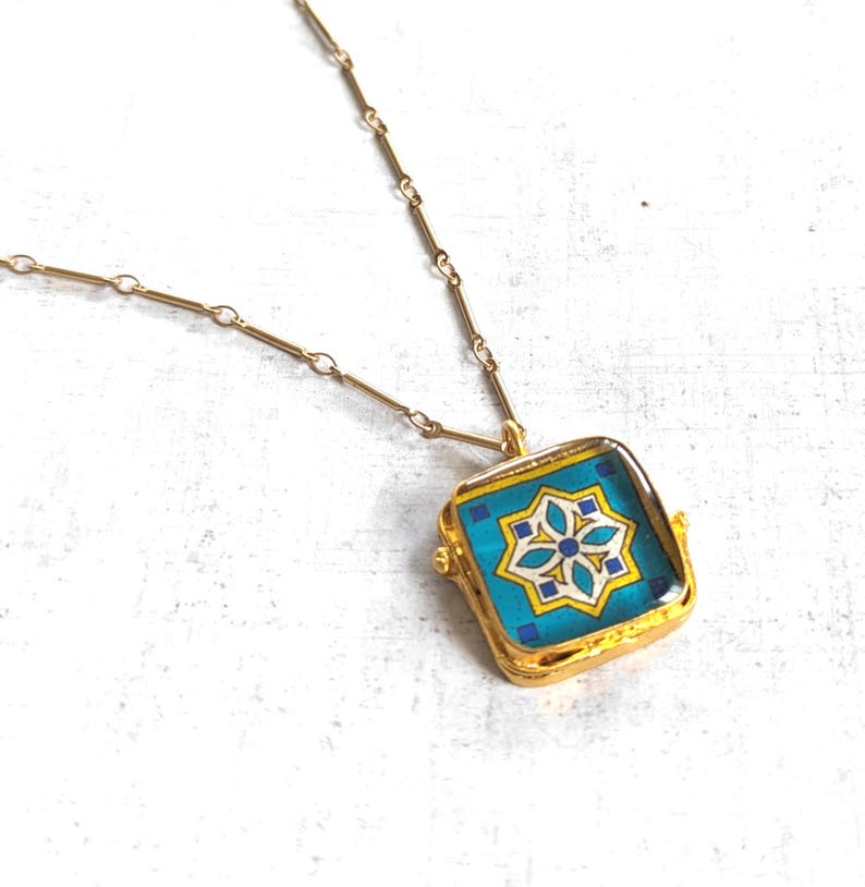 Spanish, Mexican, Catalina Tile, Red, Turquoise & Yellow on Satin Gold Pendant Catalina Pottery Design 1