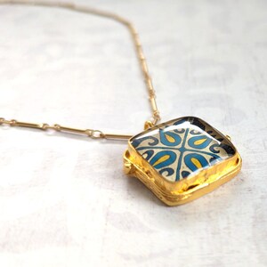 Spanish, Mexican, Catalina Tile, Red, Turquoise & Yellow on Satin Gold Pendant Catalina Pottery Design 5