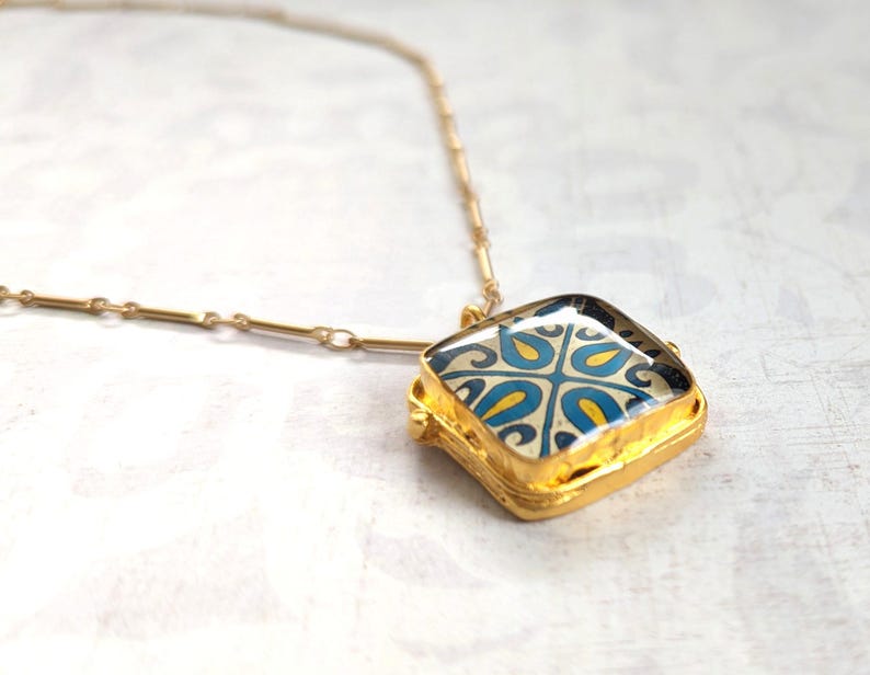 Spanish, Mexican, Catalina Tile, Red, Turquoise & Yellow on Satin Gold Pendant Catalina Pottery Design 5