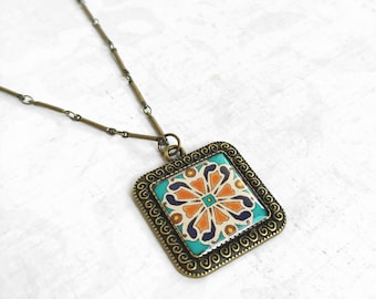 Spanish, Mexican, Catalina Tile, Turquoise and Pink Tile Necklace on Antiqued Gold Plated Brass Link Chain Catalina Pottery