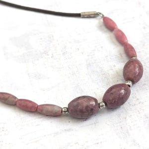 Pink Rhodonite Gemstone Necklace, Thai Silver, Waxed Cotton Cord image 2