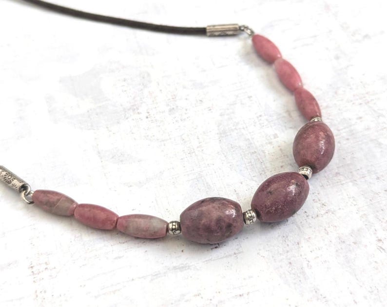 Pink Rhodonite Gemstone Necklace, Thai Silver, Waxed Cotton Cord image 2