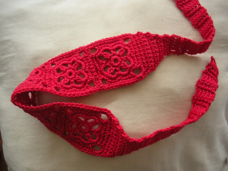 Crochet Headband, Boho Knit Hairband in Bright Red Cotton image 2