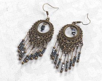 Brass Bohemian Earrings with Dark Slate Blue Glass Beads Antiqued Gold-Plated Brass Chandelier Earrings, Brass, Bronze Brass