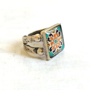 Catalina Tile Adjustable Ring on  Silver Plated Brass,  Catalina Pottery Turquoise and Pink, Mexican Tile, Spanish Tile Ring