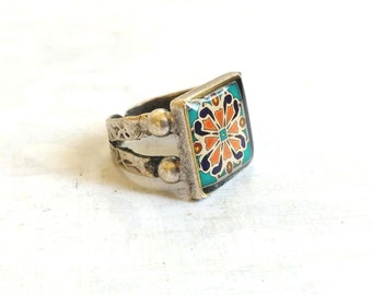 Catalina Tile Adjustable Ring on  Silver Plated Brass,  Catalina Pottery Turquoise and Pink, Mexican Tile, Spanish Tile Ring