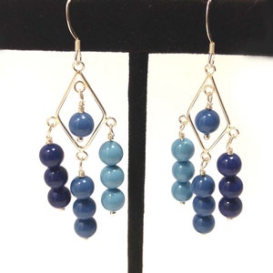 Swarovski Crystal Pearls in Navy, Royal Blue & Light Teal Blue on Sterling Silver Dangle Earrings Ombre Pastels image 1