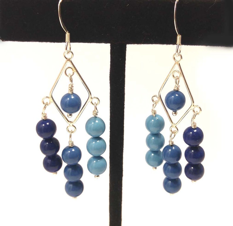 Swarovski Crystal Pearls in Navy, Royal Blue & Light Teal Blue on Sterling Silver Dangle Earrings Ombre Pastels image 1