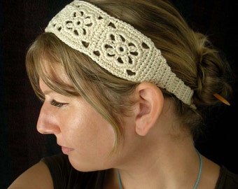 Crochet Headband, Boho Knit Hairband in Ivory White 100% Cotton