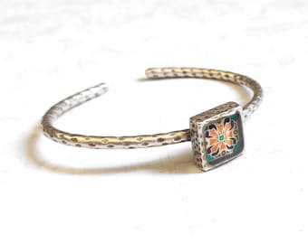 Catalina Tile on Silver Cuff Bracelet, Silver Plated Brass Adjustable Red & Turquoise Mexican Tile, Spanish Tile Bracelet