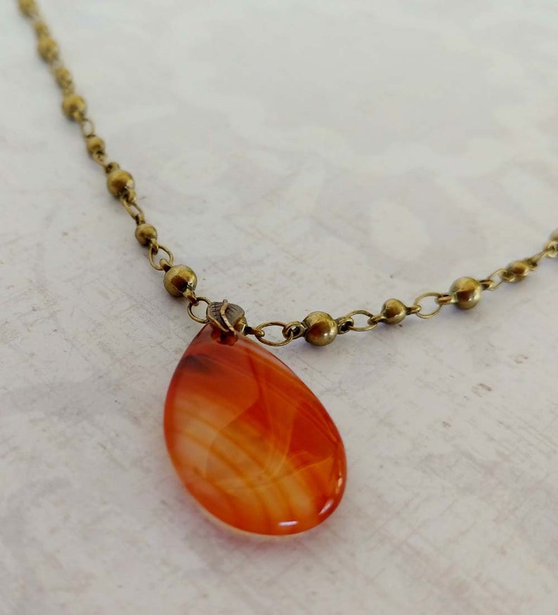 Banded Teardrop Red Agate Gemstone Necklace on Antiqued Gold-Plated Brass Ball Link Chain image 4