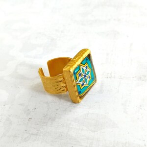 Catalina Tile Adjustable Ring on  Matte Gold Plated Brass,  Catalina Pottery Turquoise, Blue & Yellow, Mexican Tile, Spanish Tile Ring