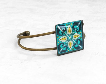 Blue & Yellow Catalina Tile on Antique Gold Plated Brass Cuff Bracelet Mexican Tile, Spanish Tile Bracelet Talavera Catalina Pottery