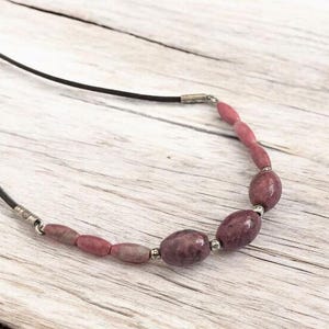 Pink Rhodonite Gemstone Necklace, Thai Silver, Waxed Cotton Cord image 1
