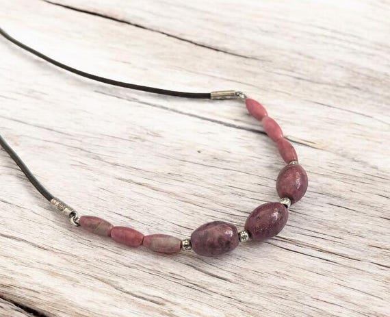 Pink Rhodonite Gemstone Necklace, Thai Silver, Waxed Cotton Cord