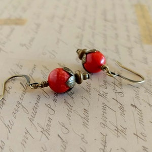 Red Coral Gemstone Earrings With Antiqued Gold Plated Brass, Bronze Accents and Earwires Boho Earrings image 2