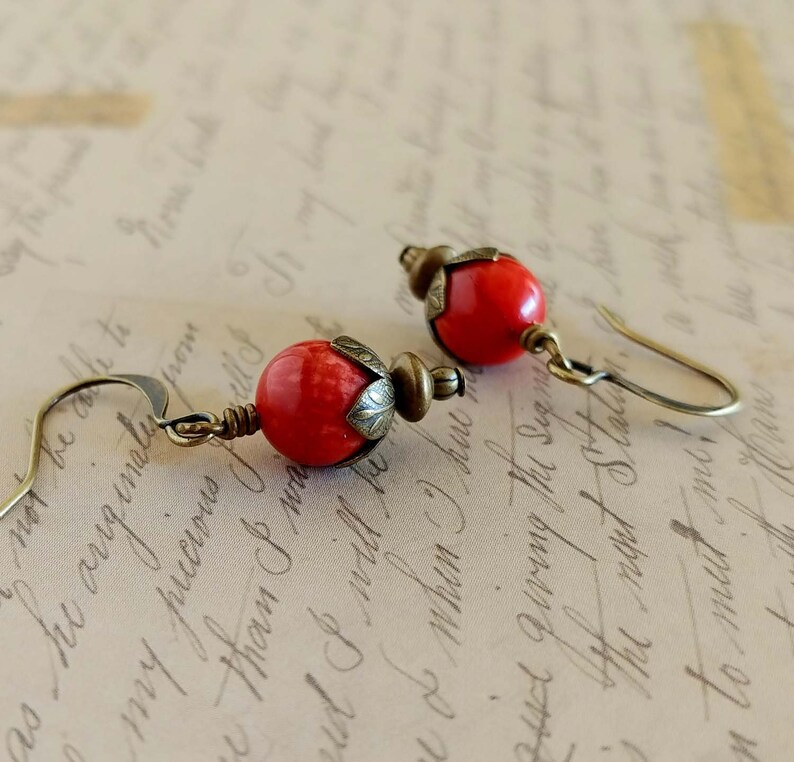 Red Coral Gemstone Earrings With Antiqued Gold Plated Brass, Bronze Accents and Earwires Boho Earrings image 2