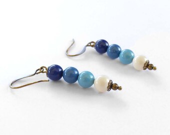 Swarovski Crystal Pearls in Navy, Teal, Blue and Ivory, Wire Wrapped Brass Bronze Dangle Earrings