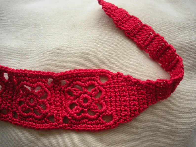 Crochet Headband, Boho Knit Hairband in Bright Red Cotton image 3