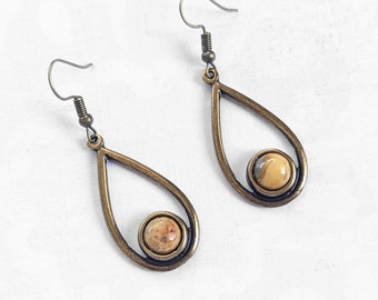 Antiqued Gold Plated Brass, Bronze Teardrop Earring with Yellow Crazy Lace Agate Cabachon, Vintage Look Dangle Earrings