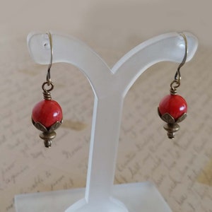 Red Coral Gemstone Earrings With Antiqued Gold Plated Brass, Bronze Accents and Earwires Boho Earrings image 4