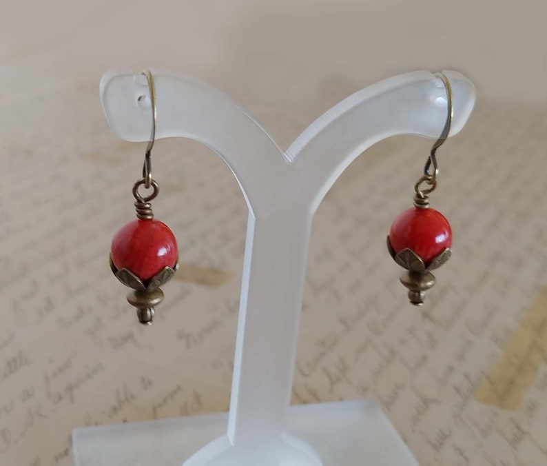 Red Coral Gemstone Earrings With Antiqued Gold Plated Brass, Bronze Accents and Earwires Boho Earrings image 4