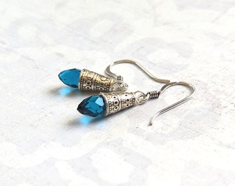 Delicate Simple Teal Aqua Blue Faceted Glass Crystal Teardrop on Antique Silver Dangle Earrings