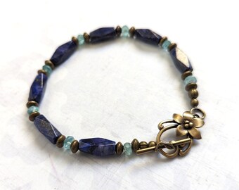 Gemstone Bracelet, Lapis Lazuli and Apatite Gemstones with Antiqued Brass Accents One of a Kind Handmade with Brass Flower Toggle Clasp