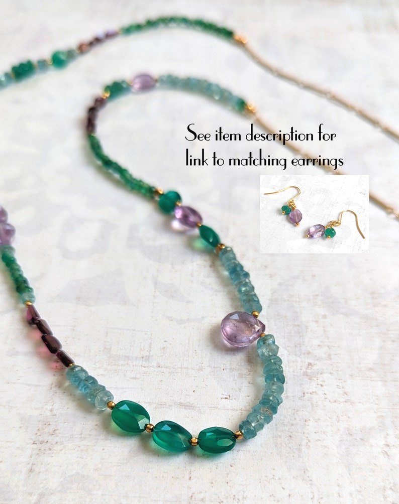 Gemstone Necklace, Amethyst, Apatite, Green Onyx & Garnet Encrusted Gemstone Necklace With Gold-Plated Brass One of a Kind image 6