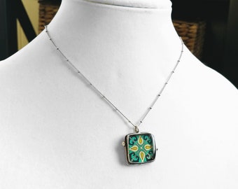 Spanish, Mexican, Catalina Tile, Blue and Yellow Antiqued Silver Plated Brass Tile Pendant on Satellite Chain Catalina Pottery