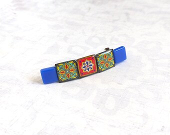 Catalina Pottery Tile Hair Barrette, Hairpin in Orange and Blue, Mexican Tile, Talavera Tile, Azulejo Portuguese